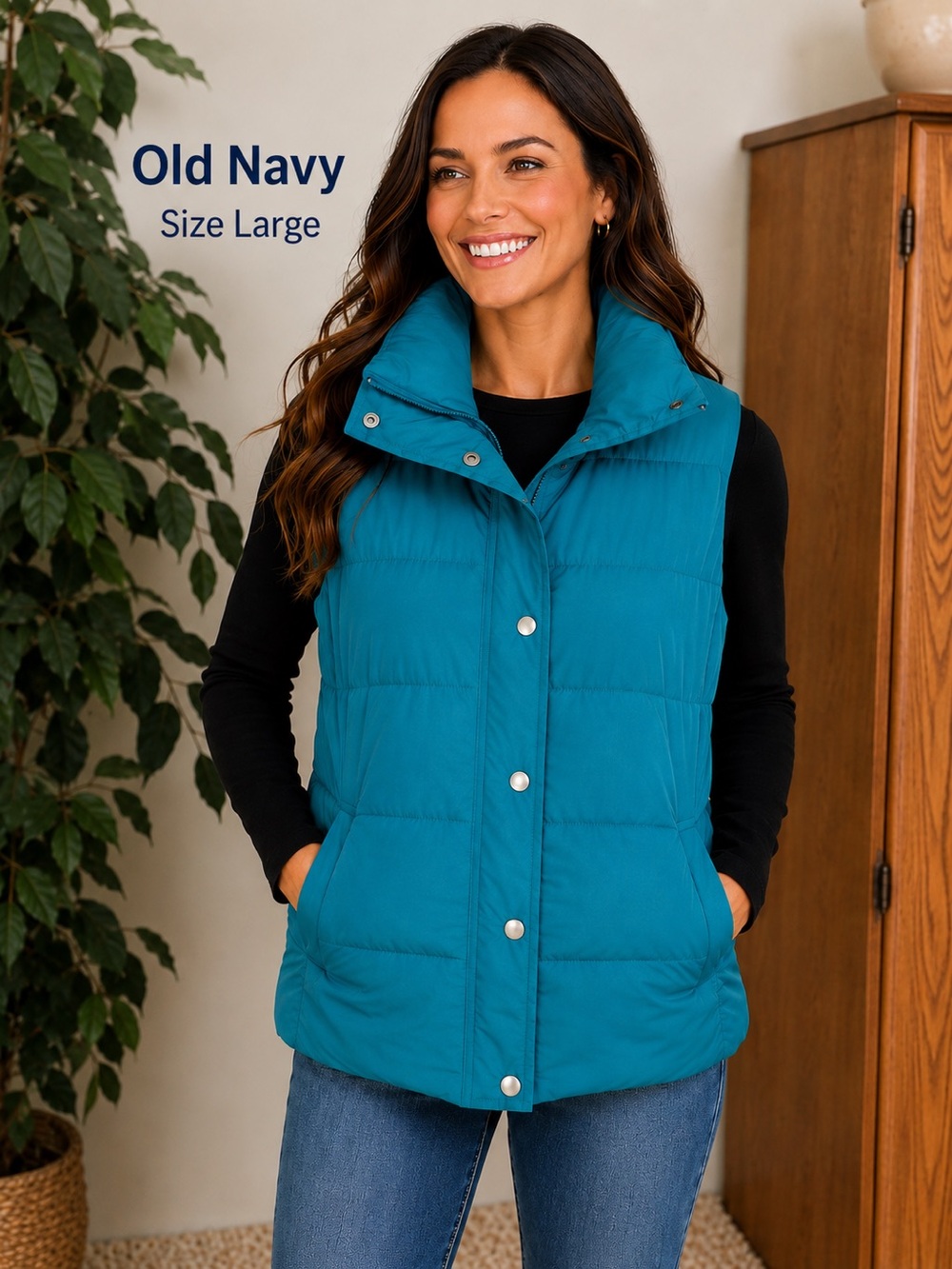 Old Navy Puffer Vest Women’s Large Teal Quilted Snap Front Cozy Winter Layer